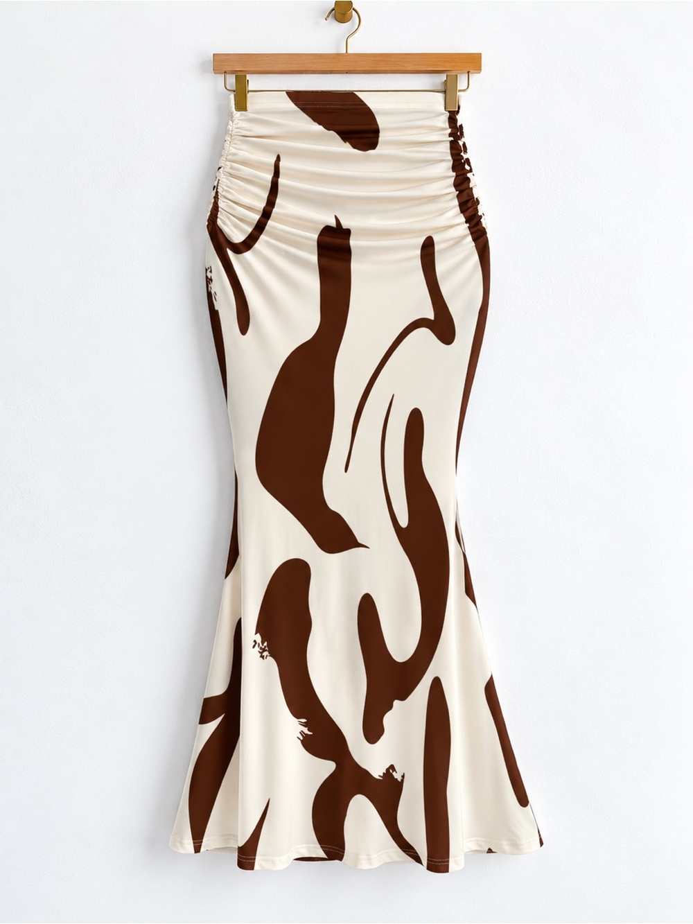 Ruched Waist Cream & Brown Abstract Maxi Skirt